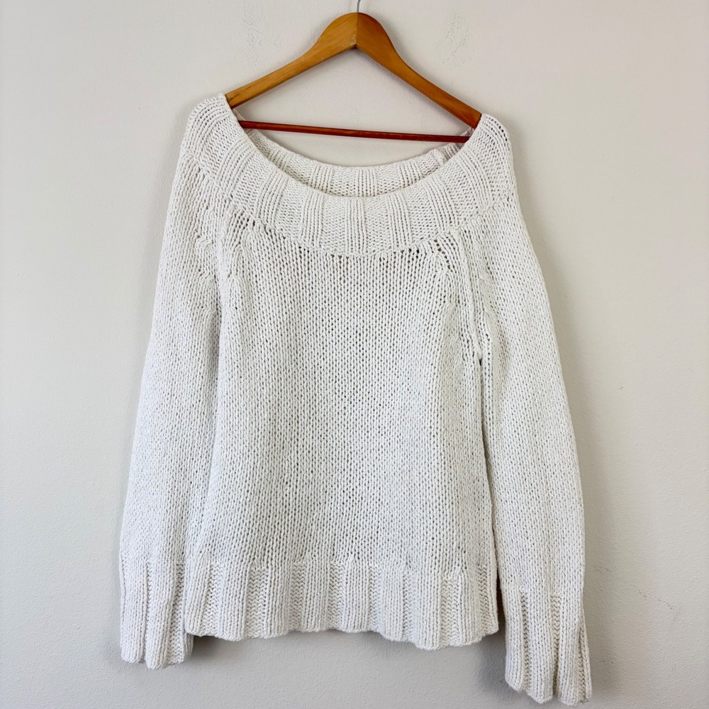 Free People Womens White Chunky Knit Cotton Blend Scoop Neck Sweater Size L